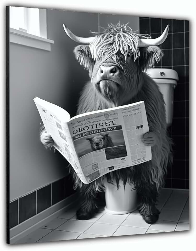 DARO Design - Bilder Deko Gäste WC Wandbild Badezimmer Bad Toilette Kunstdruck Bild auf 6mm HDF 30x40 cm Hochlandrind Wanddeko - lustige Wandbilder Leinwand Poster Kuh Aesthetic Room Decor