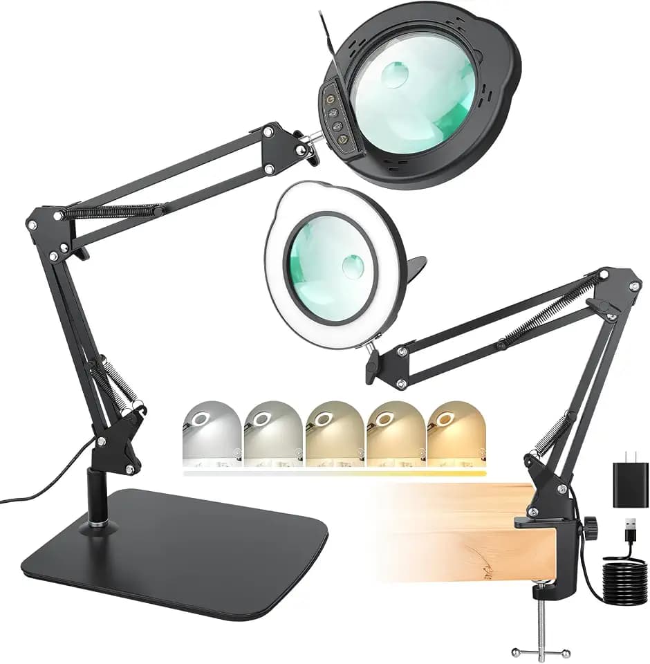 15X 30X Lupe mit Licht und Ständer, 2-in-1 Schreibtischlampe und Klemme, 5 Farbmodi Stufenlos Dimmbar, Schwenkarmlupe, Freihändige Lupenleuchte für Naharbeiten und Lesen