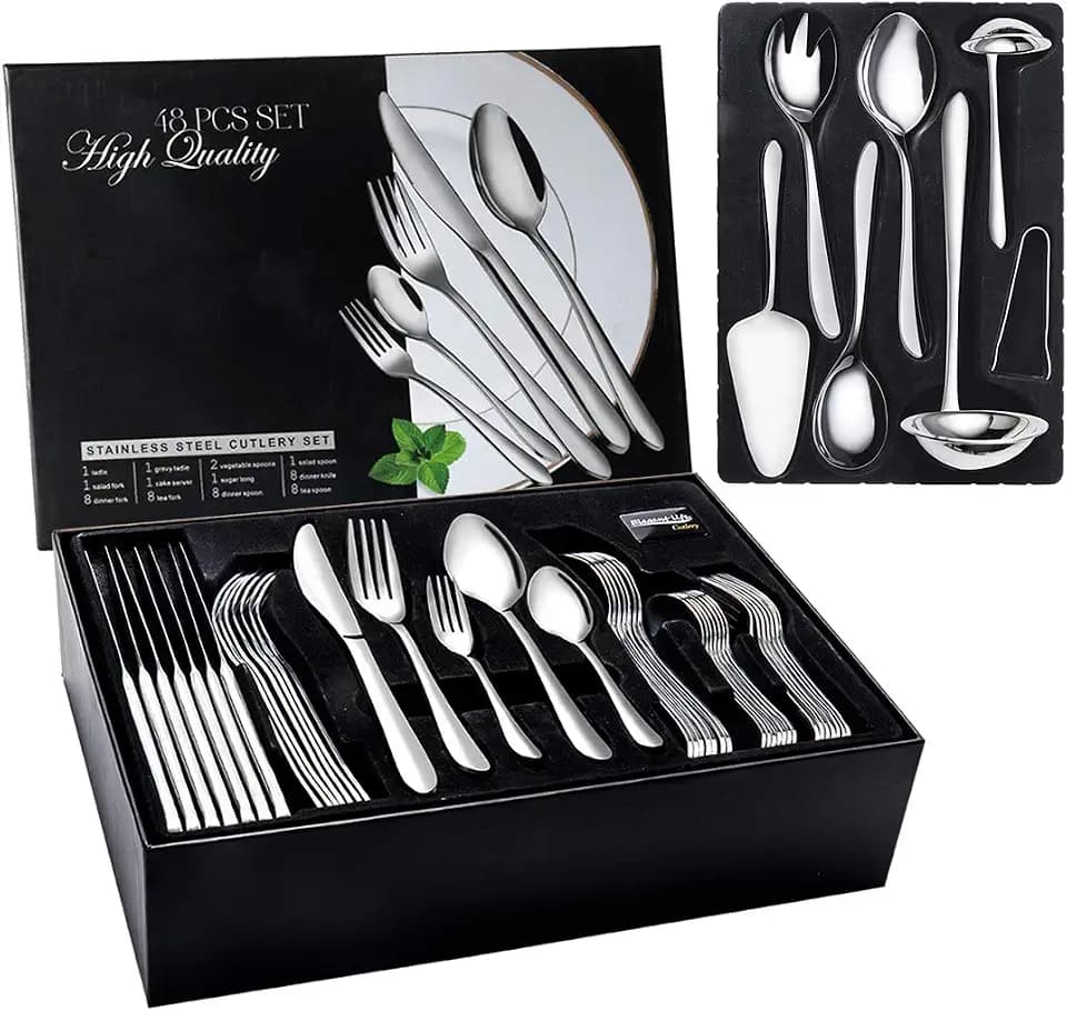 48-teiliges Besteckset, Edelstahl Besteckset mit 8-teiligem Utensilien-Set, Tafelmesser/Menuelöffel/Menuegabel/Teelöffel/Salatgabel, Service für 8 Personen