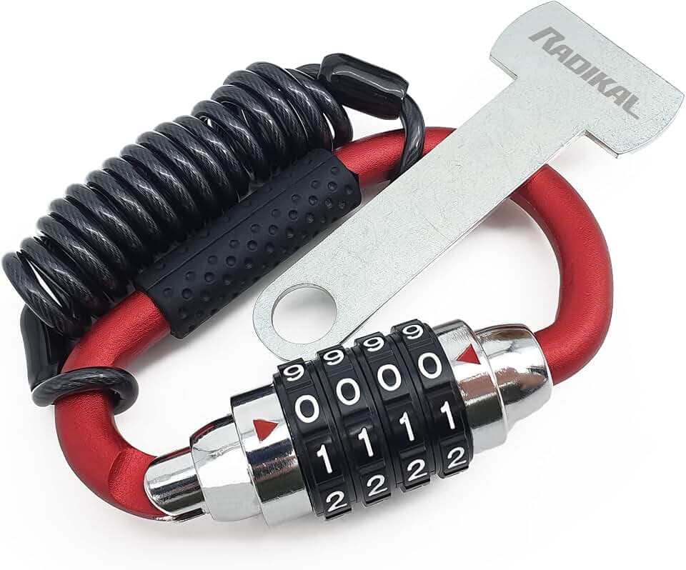 RADIKAL RK540R Diebstahlsicherung Helm Motorrad Vorhängeschloss Kombination Motorrad mit Adapter T Schnalle, Verschluss mit Kabel, Stahl, Multifunktional, Sicherheit Gepäck Jacke