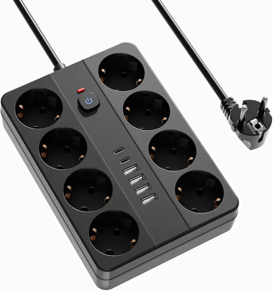 8 Fach Mehrfachsteckdose mit 4 USB A, Steckdosenleiste mit 2 USB C, Steckerleiste mit Schalter, Verlängerungskabel 3M, Verteilersteckdose mit Überlastschutz, Wandmontage für Büro Gaming, Schwarz