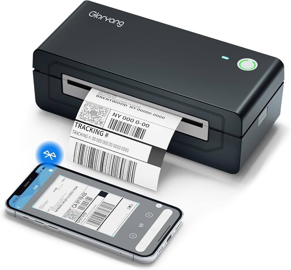 Gloryang Bluetooth Thermal Shipping Label Printer, 4X6 Inkless Label Machine for iOS, Android, Laptop, Wireless Printer for Small Business, Compatible with Amazon, UPS, Shopify, Black