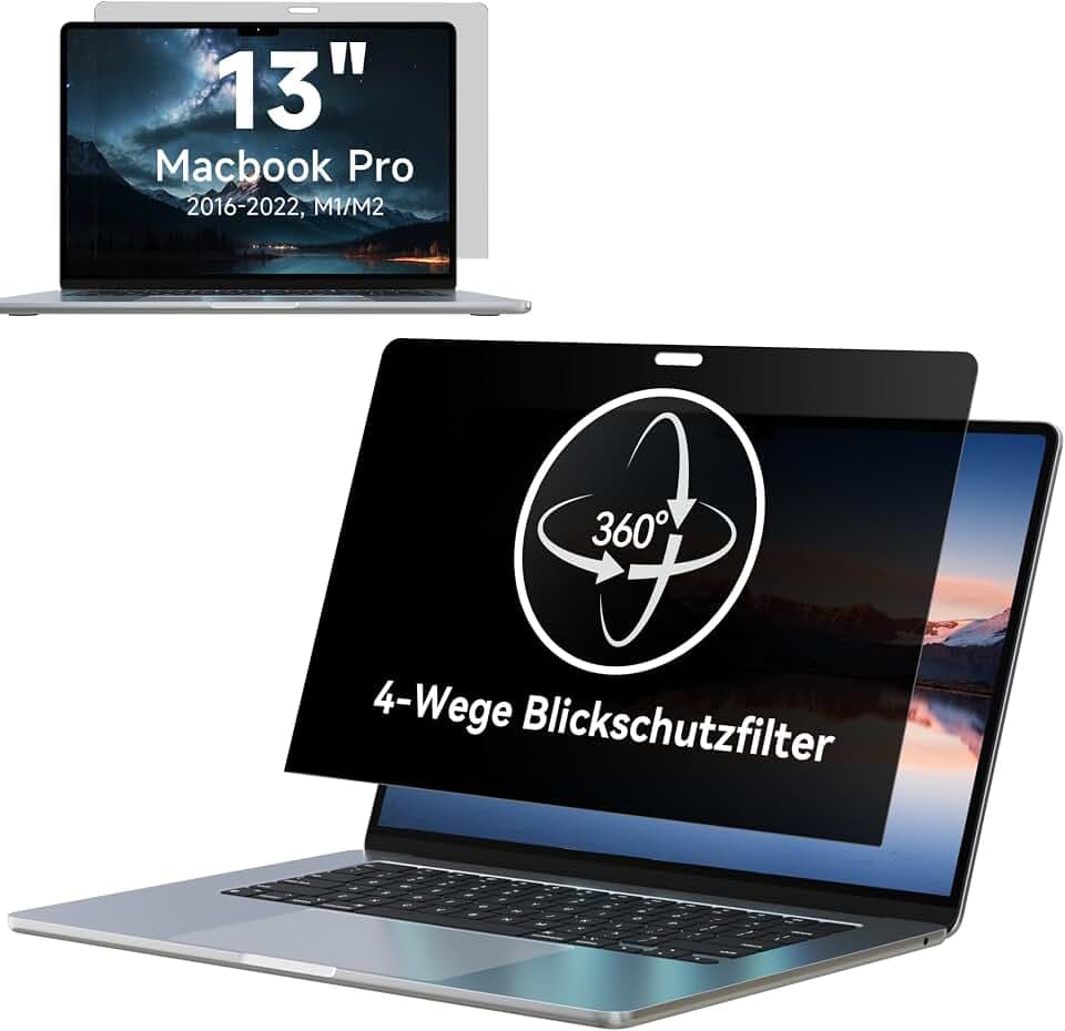 IPROKKO 360° Blickschutzfolie für MacBook Pro 13 Zoll (2016-2022,M1,M2)&MacBook Air 13 (2018-2021,M1), Selbstklebender Anti Glare Blaulicht Mac Sichtschutzfolie, Vier-Wege Blickschutzfilter