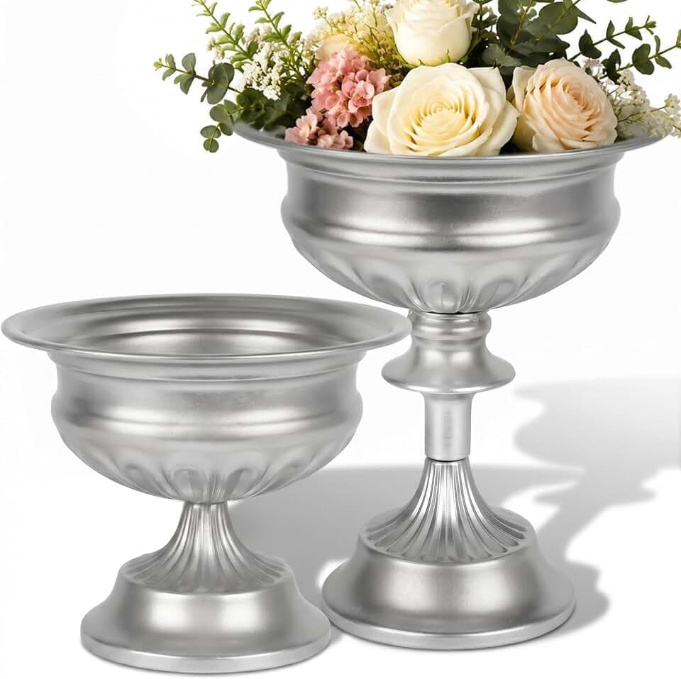 WORTH Bright Silver Urn Vases for Centerpieces Set of 2 (8.8" x 7.8" & 6.1" x 7.8"), Classic Metal Trumpet Flower Pots for Table, Bowl Vase for Wedding Party Event Home Deco, Smooth, Non-Aged