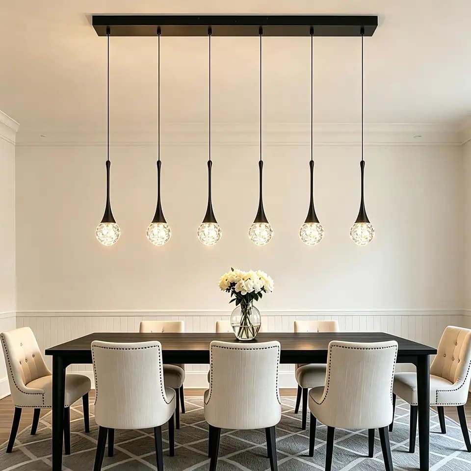 6-Light Crystal Modern Chandelier, Dimmable LED Bubble Raindrop Rectangle Black Pendant Lighting Fixture, Luxury Elegant Adjustable Spiral Ceiling Light for Staircase Foyer Entryway
