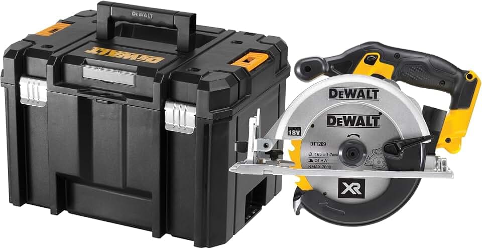 DEWALT 18 Volt Akku-Handkreissäge (760 Watt Abgabeleistung, Sägeblatt-ø: 165 x 20 mm, bis 50° Neigungsverstellung, 24-Zahn HM Sägeblatt, T STAK Box VI, Lieferung ohne Akku & Ladegerät), DCS391NT-XJ