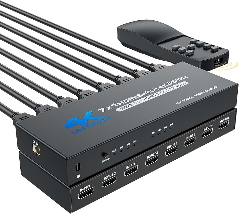 HDMI 2.0 Switch 7 In 1 Out, BolAAzuL 4K@60Hz HDMI zu HDMI-Port Erweiterer Switch HDR HDMI 2.0 Switcher Fernbedienung unterstützt 3D, HDCP2.2, HDR für PS5, Xbox-Serie X, HDTV, PC