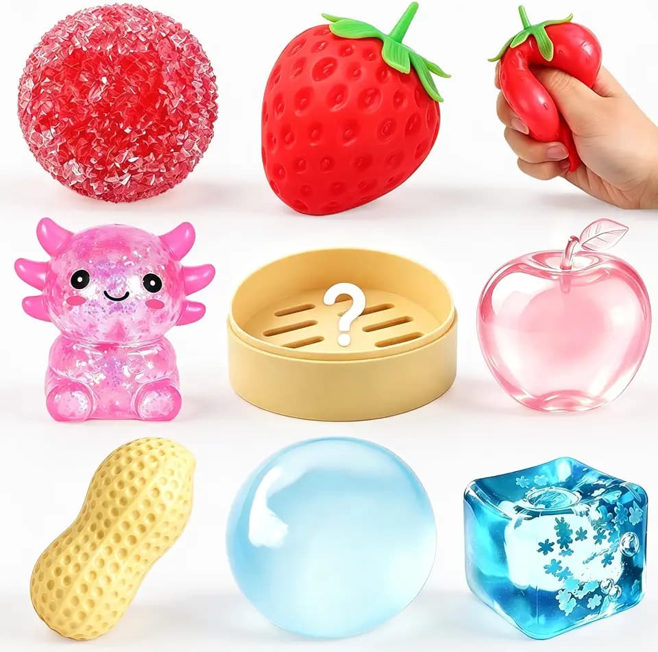 8 Pcs Squishy Fun Box, Mystery Squishies Squeeze Toys with Apple Axolotl Strawberry Peanut Coconut Oil Assorted Designs, Sensory Stress Relief Fidget Toys, Party Favors for Adults