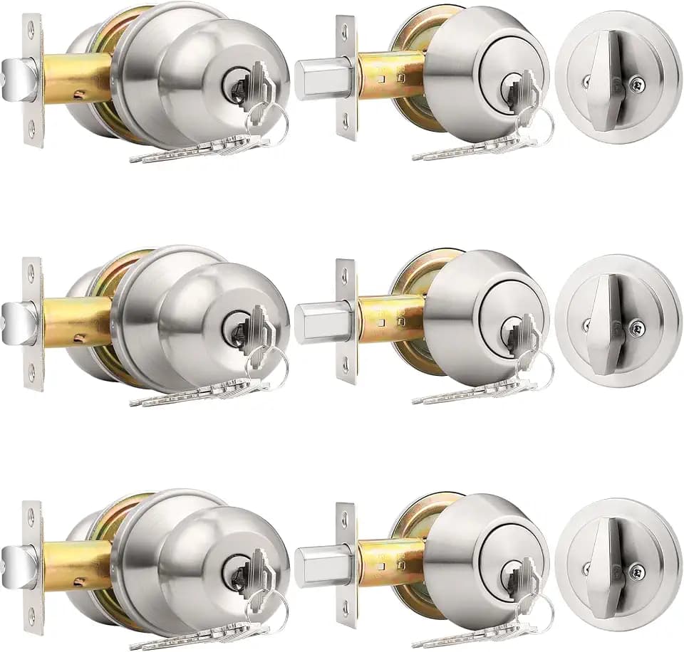 Probrico Exterior Door Knob and Single Cylinder Deadbolt, Front Door Handle and Deadbolt Set, Keyed Alike Combo, Brushed Nickel, 3Pack
