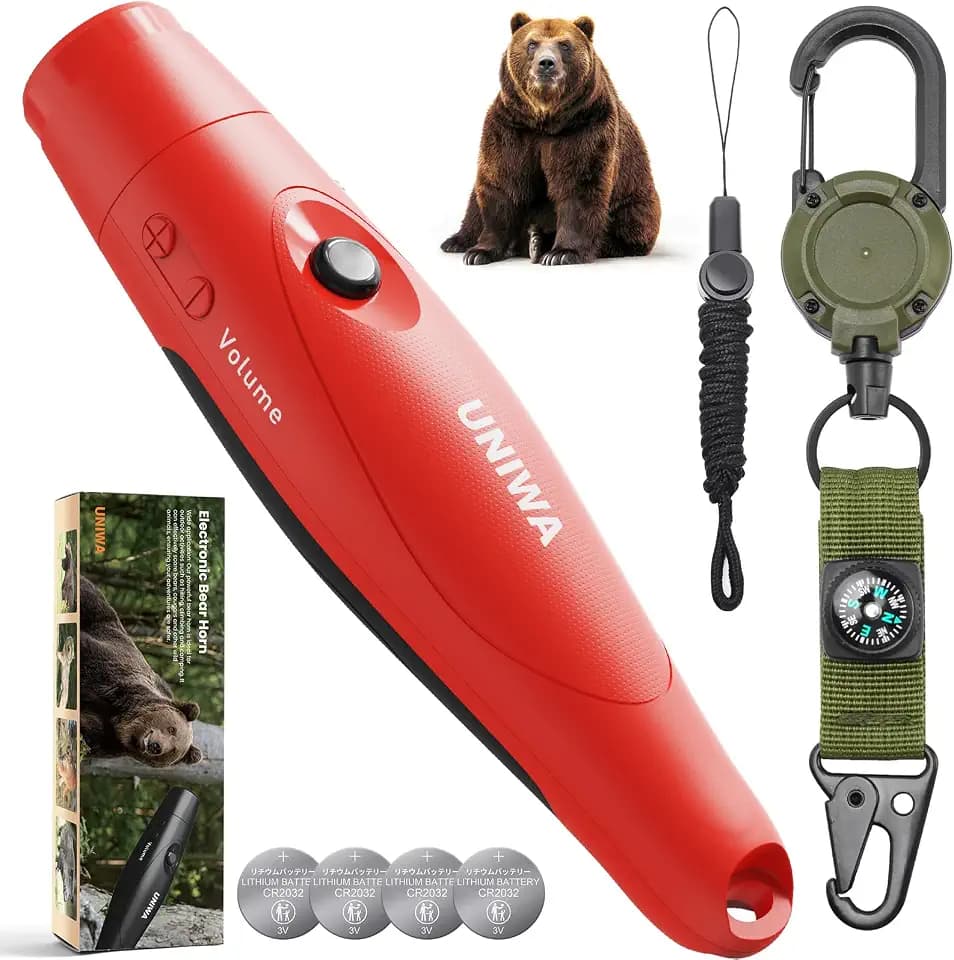 UNIWA Bear Horn - 125± dB Loud Safety Alarm with Compass & Retractable Hook, Compact & Lightweight One-Button Operation for Camping, Hiking, Hunting; Essential for Outdoor Enthusiasts