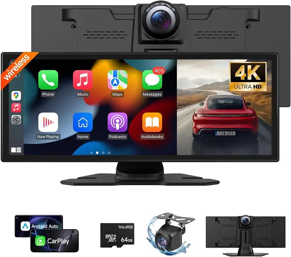 11.26'' Wireless Carplay & Android Auto Screen for Car with 4K Dash Cam