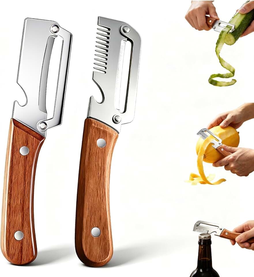 2 in 1 Multi Vegetable with Wooden Handle and Bottle Opener and Scallion Shredder,2026 Upgrade Multifunctional Stainless Steel Peeler for Fruit Pumpkin Peeling Potato Carrot Veggie Peeler