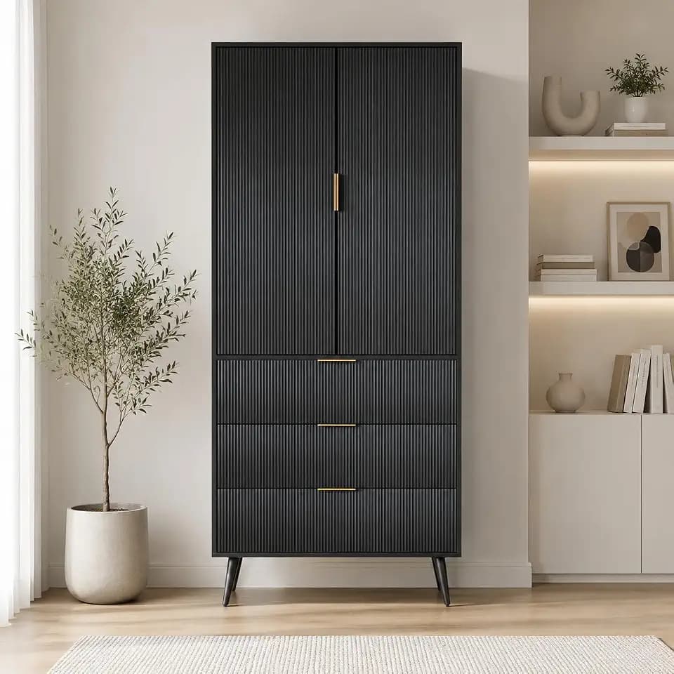 Fluted Tall Cabinet Kitchen Pantry with Adjustable Shelves, Black