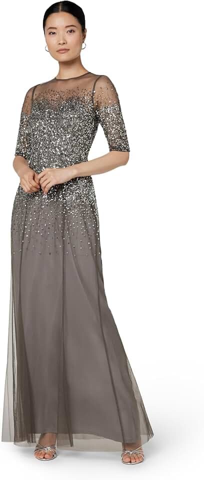 Adrianna Papell Women's Beaded Illusion Dress | Long Sequin Evening Dress with Fitted Bodice & Tulle Skirt Overlay