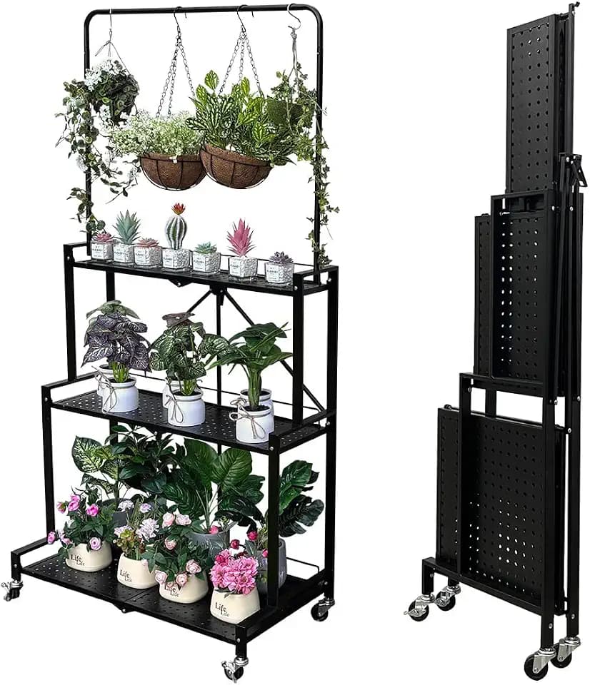 lumizone Foldable 4-Tier Plant Stand With Wheels Indoor Outdoor Black