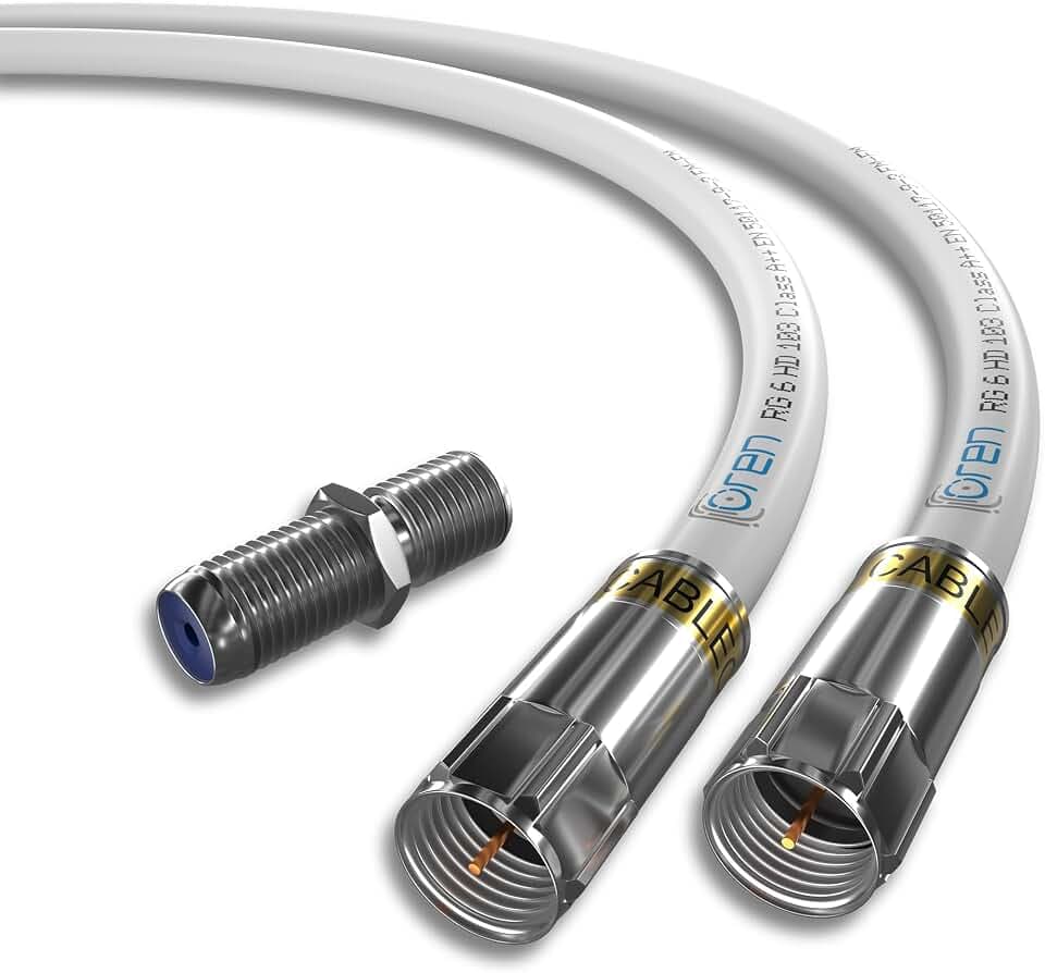 Oren Koaxialkabel 1m RG6 HD103 A++ Trishield - weiß - mit Cabelcon Stecker und Adapter - wetterfest - für Satelliten- und Digitalfernseher, Antennen-, Breitband- und High-Speed-Internetanschlüsse