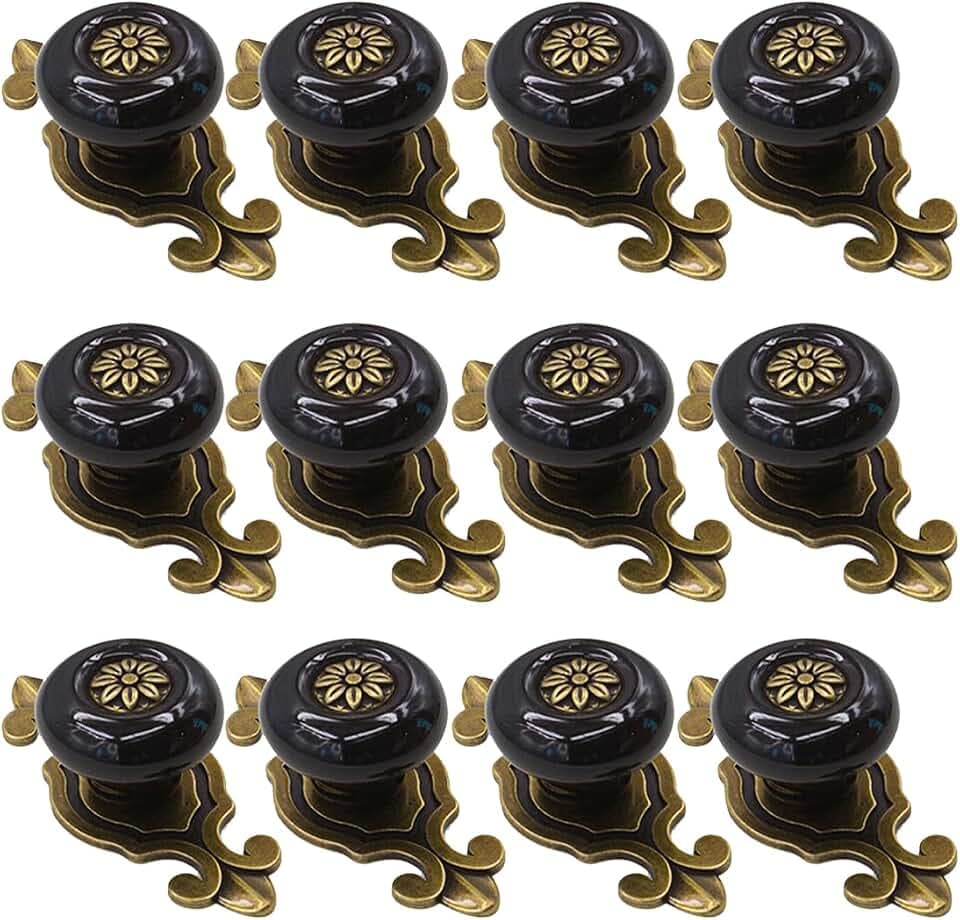 Retro Ceramic Cabinet Knobs, [12 Pack] Antique Vintage Dresser Knobs with Backplate, Drawer Pull Handles for Kitchen/Dresser Drawer/Cupboard/Wardrobe, Black