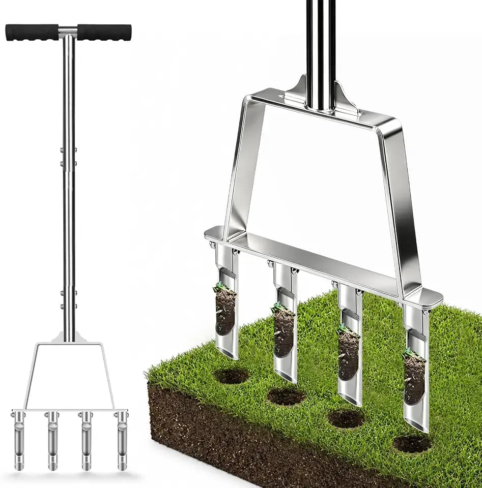 Rasenlüfter Aerifiziergabel 4 Hohlspoon aus Edelstahl, Manueller Rasenbelüfter, Aerifizierer für Rasen Garten, T-Griff Rasenbelüfter Vertikutierer, Gartenwerkzeug für Verdichteten Boden, 93cm