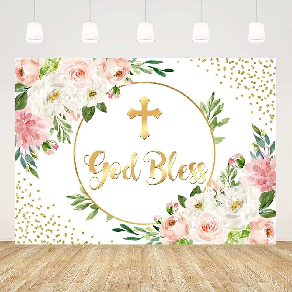 Ticuenicoa 7x5ft Pink Floral God Bless Baptism Backdrop for Girl First Communion Background Gold Glitter Dots Christening Baby Shower Party Decorations Banner Photo Favors