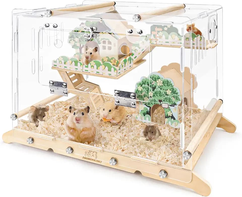 Acrylic Hamster Cage with Wooden Decorations, Full Transparent Dwarf Hamster Habitat, 18.11×11.81×13.39in Ventilated Small Animal House for Mice, Hedgehogs and Chinchillas