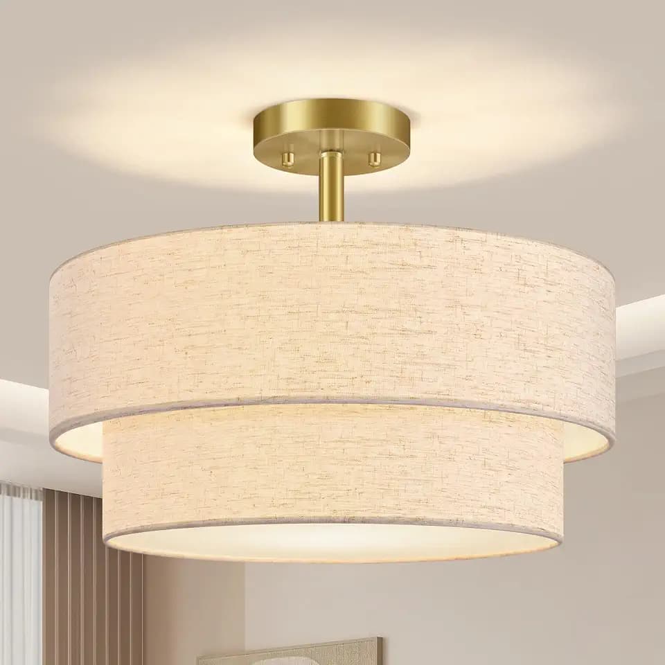 AUQUEE 16.5" Semi Flush Mount Ceiling Light, 3-Light Gold Ceiling Light Fixture with Linen Fabric Shade, Double Drum Modern Close to Ceiling Light for Bedroom, Hallway, Kitchen, Entryway, Dining Room