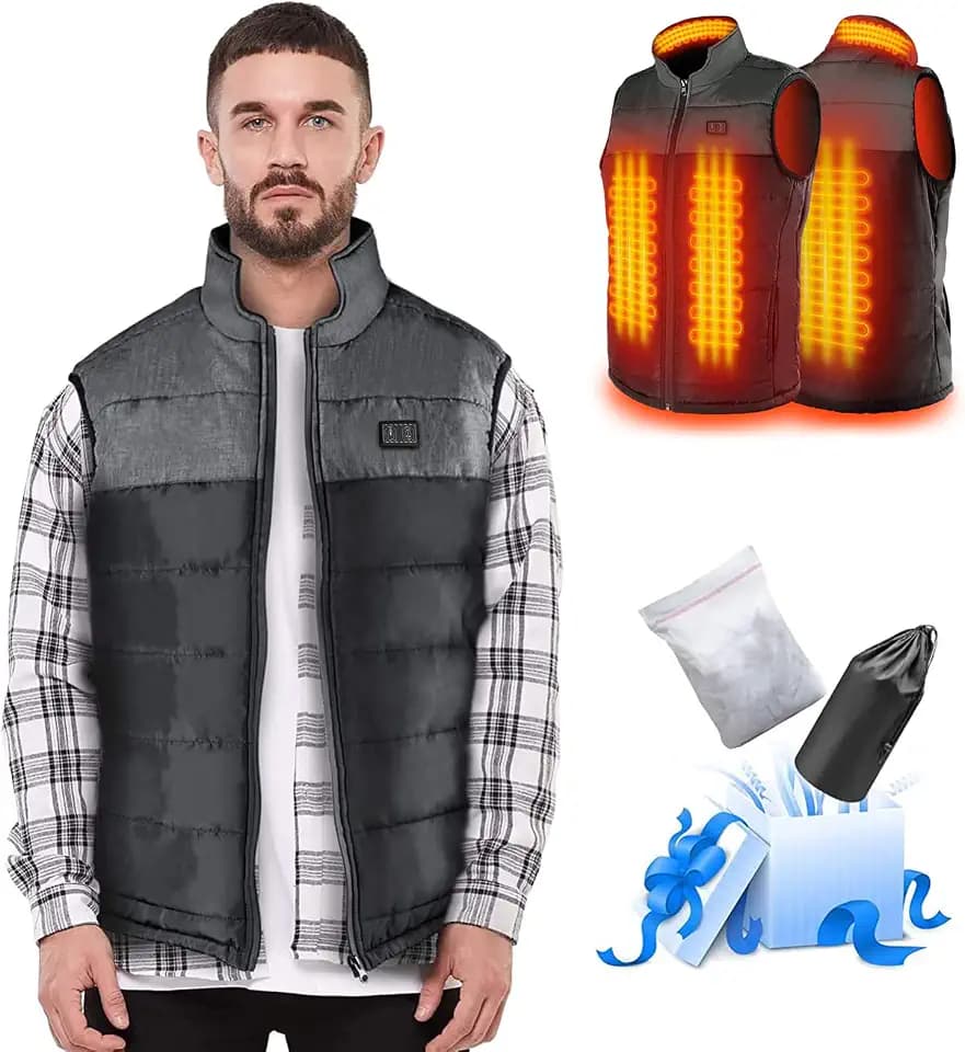 Beheizte Weste Damen/Herren, Leichte Outdoor Heizweste, Temperaturkontrolle Zwei Heizzonen Beheizbare Jacke Heizjacke mit Beheizter Kragen(Batterie Nicht inbegriffen/Ausgang 5V / 2A oder h?her)