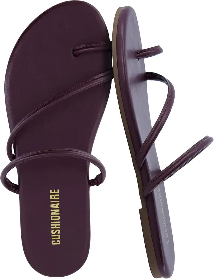 CUSHIONAIRE Resort Strappy Sandals for Women, Vegan Leather Memory Foam Flat Women's Sandals with Toe Ring