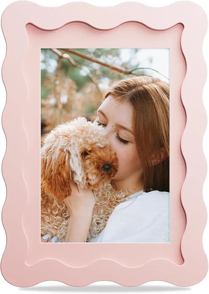 4x6 Picture Frame with Mat for 3.5x5, Wavy Edge Wooden Real Glass Photo Frame for Tabletop and Wall Hanging, Pink, 1 Pack