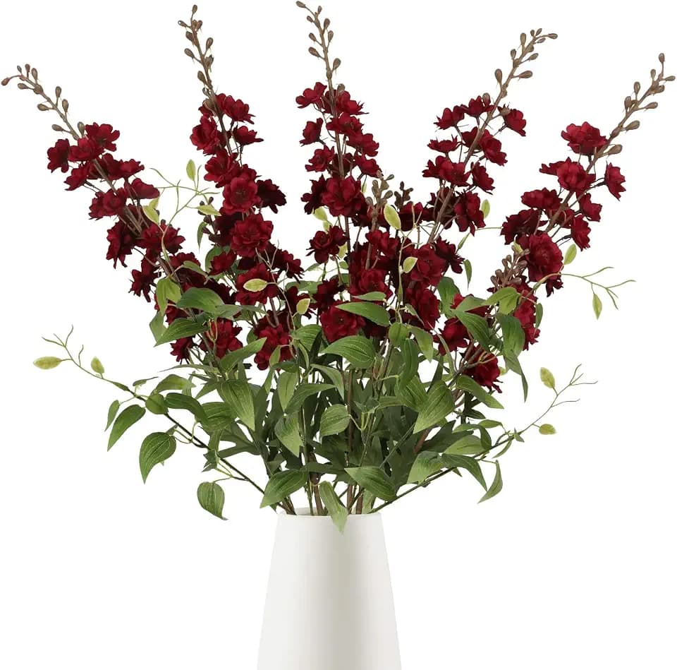 IPOPU Dark Red Flowers Artificial Delphinium 9PCS Burgundy Larkspur Artificial Flowers with Clematis Greenery Burgundy Silk Flowers for Wedding Centerpieces for Home Table Decor (Dark Red)