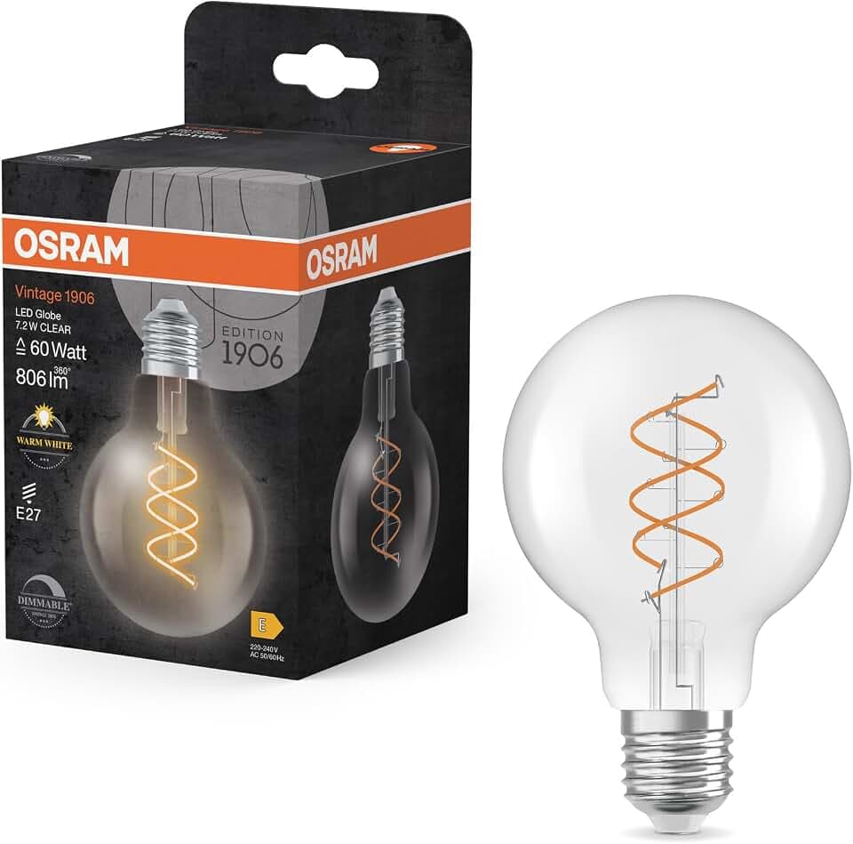 Osram Vintage 1906 Globe ist eine warmweiße, dimmbare LED-Lampe in klassischer Ballform mit spiralförmigem Filament. Sie bietet 7.2 W für 806 lm, E27 Fassung, klarfarbenes Glas, 80 mm Durchmesser.