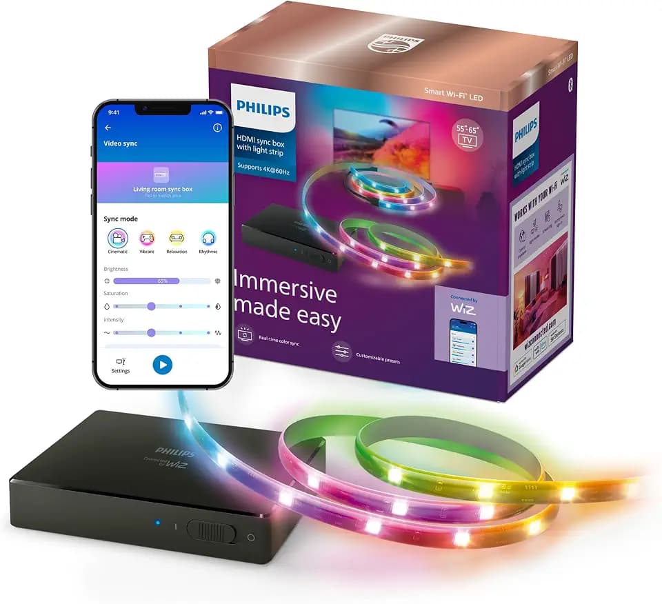 PHILIPS Smart Lighting HDMI Sync Box with TV Backlight, RGBIC LED Strip for 55-65 Inch TV, Sync with Movies, Music, HDMI 2.0, 4K at 60Hz, App/Voice Controls, Requires External Video Source