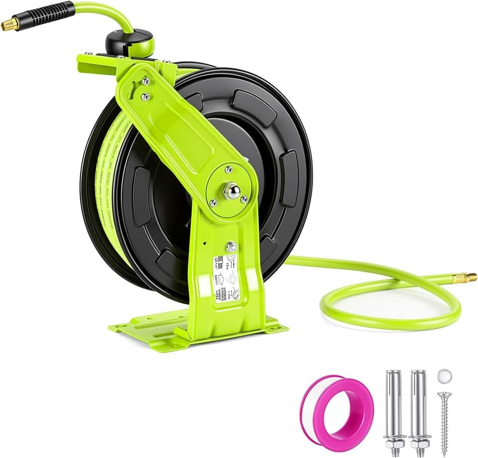 STEELITE Retractable Air Hose Reel, 3/8 Inch x 50 FT Air Hose, Auto Rewind Air Compressor Hose Reel for Garage Workshop, Wall or Ceiling Mount