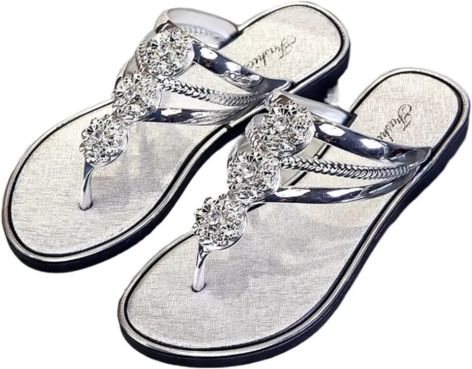 CROSSBABY Rhinestone Flat Sandals for Women Dressy Sparkly Thong Sandals Bling Summer Cute T Strap Dress Sandals for Wedding Bridal Bride Beach Trendy Comfortable Ladies Women's Sandals