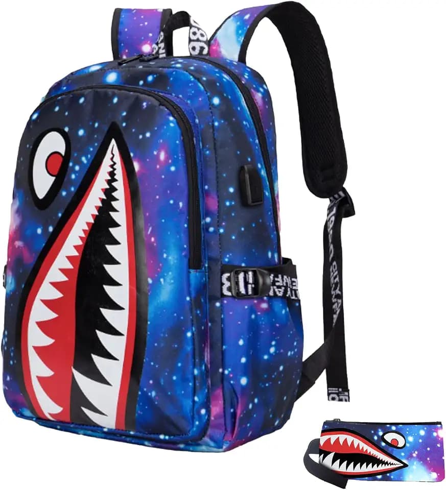 Kids Backpack Shark Bookbags Boys Schoolbag Laptop Backpack With USB Lightweight Water Resistant Lingting purple