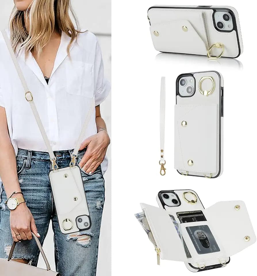 Compatible with iPhone 13/14 Crossbody Wallet Case with Card Holder for Women,Phone Case RFID Blocking PU Leather Zipper Handbag Flip Cover with Card Slots Ring Wrist Stand,White