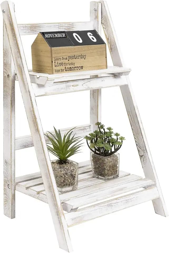 MyGift 2 Tier Whitewashed Wood Plant Stand, Foldable Display Shelf