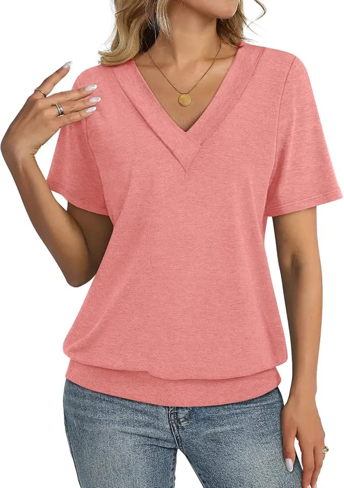 TICTICMISS Womens Short Sleeve Tops Banded Bottom V Neck Summer T Shirts