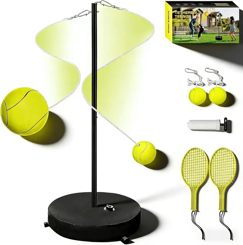 [2026 Upgrade] Heavy Duty Tetherball Ball and Rope, Tennis&Tetherball Set Adjustable Height Pole,2 Tennis Balls,2 Rackets,1 Tetherball with Rope,Fun Family Game