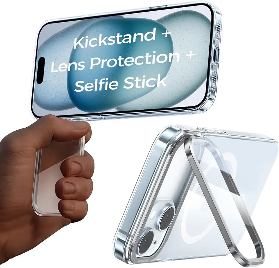 MAGIC JOHN Magnetic for iPhone 15 Case [Full Camera Protection] [180°Foldable Stand] [Never Yellowing] Speaker dust-Proof, Drop Protection, Clear