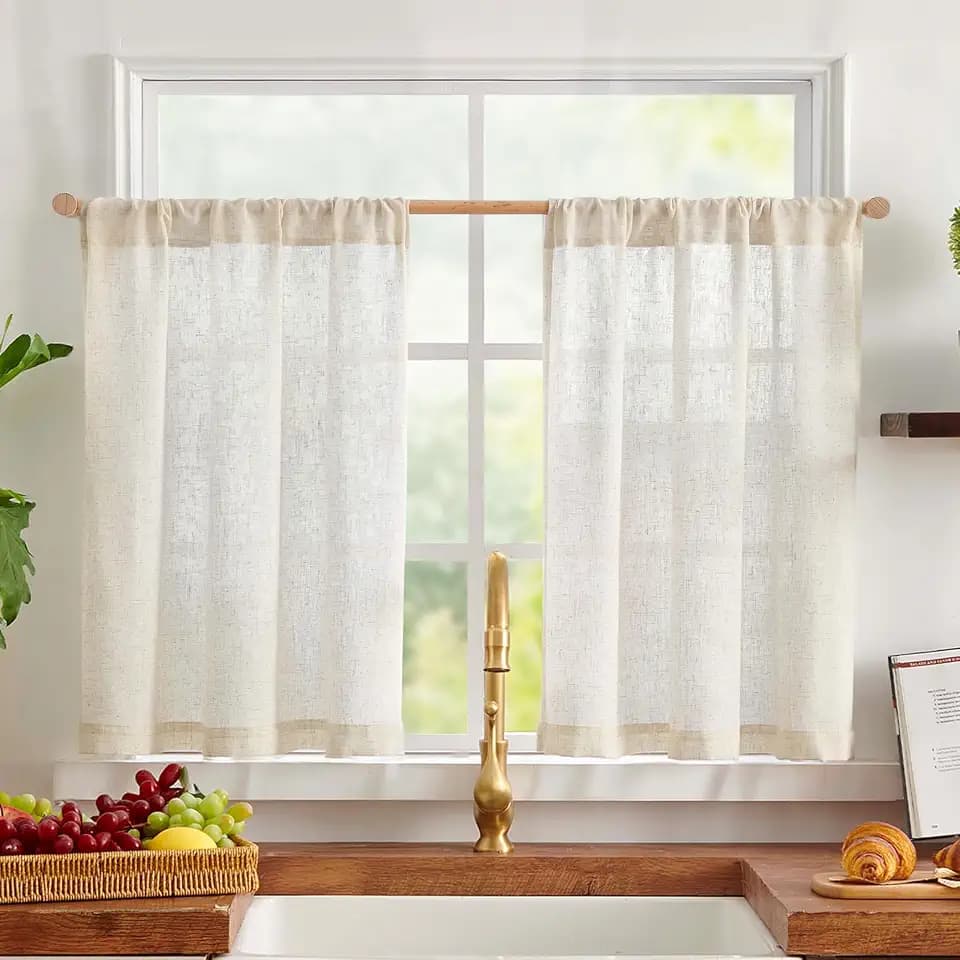 jinchan Textured Linen Kitchen Tier Curtains, 24 Inch, Natural, 2 Panels