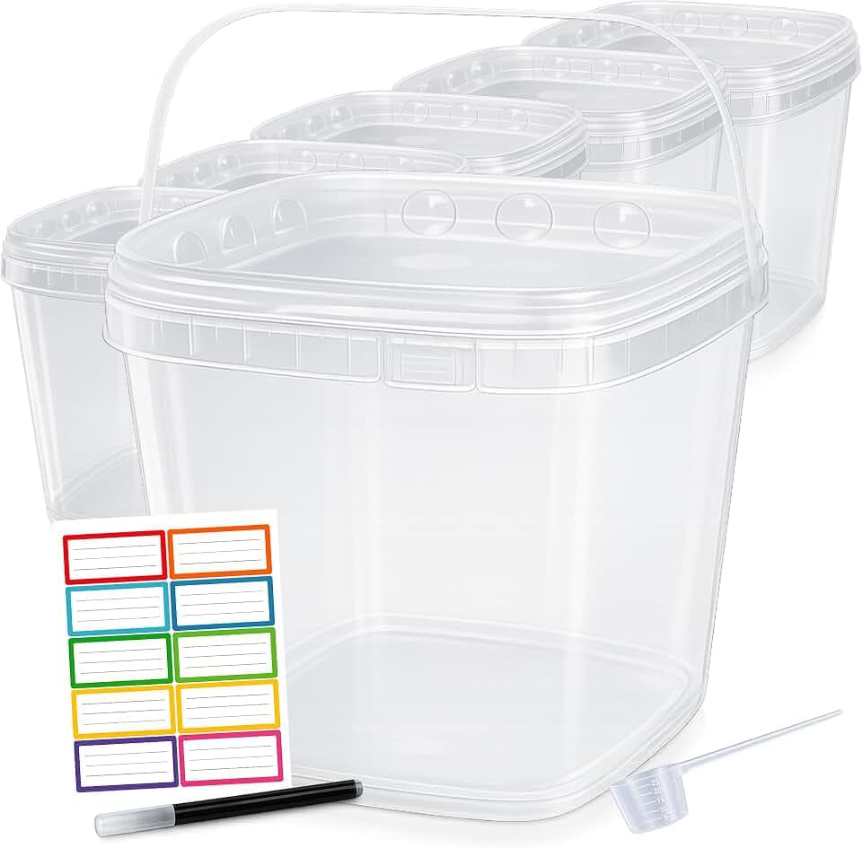 Üka 6er Pack Transparente Eimer aus Polypropylen 5,4 L – 20x20x20,5 cm. | Leere Eimer aus Robustem Kunststoff mit Deckel. Luftdichte Lebensmittelbehälter. Mit Henkel, Stapelbar Und Frei von BPA.