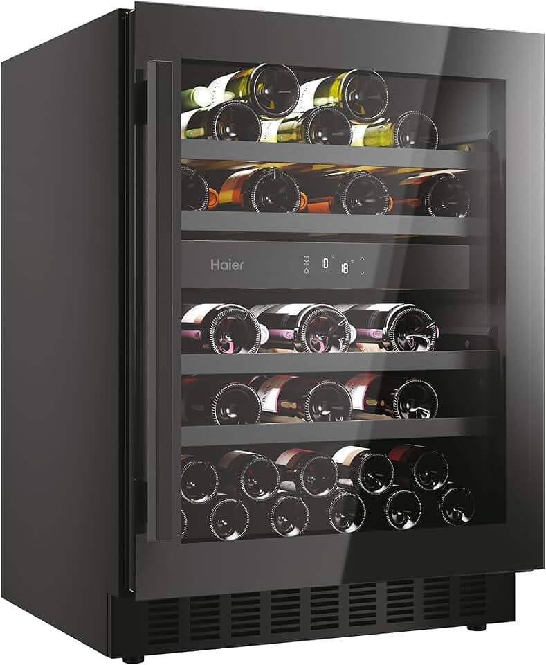 Haier H-WINE 700 | HAKWBD 60 / unterbaufähiger Weinklimaschrank / 2 Temperaturzonen für Rot- Weiß- und Schaumwein/sehr leise/Platz für 44 Flaschen/LED-Beleuchtung/Touch Display / 4 Holzablagen