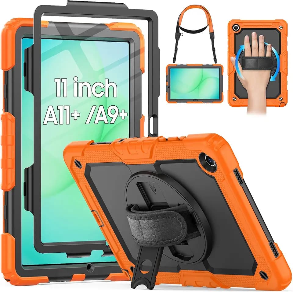 HXCASEAC Case for Samsung Galaxy Tab A11+ Plus /A9+ 11 Inch, Protective with Screen Protector/Hand Strap/Pen Holder, Shockproof Samsung A11 Plus Tablet Case 5G, SM-X230 SM-X236 SM-X238U - Orange