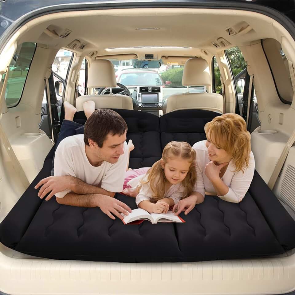 Auto Luftmatratze SUV Aufblasbare Matratze 190x125cm Beflocktes Luftbett Auto für Rücksitz & Kofferraum Tragbare Camping Matratze mit 2 Kissen Schlafmatte für Auto Reisen Outdoor Schwarz