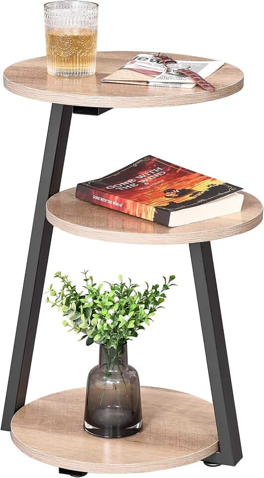 BEWISHOME Small Round Side Table, End Table with Storage Shelves, Greige