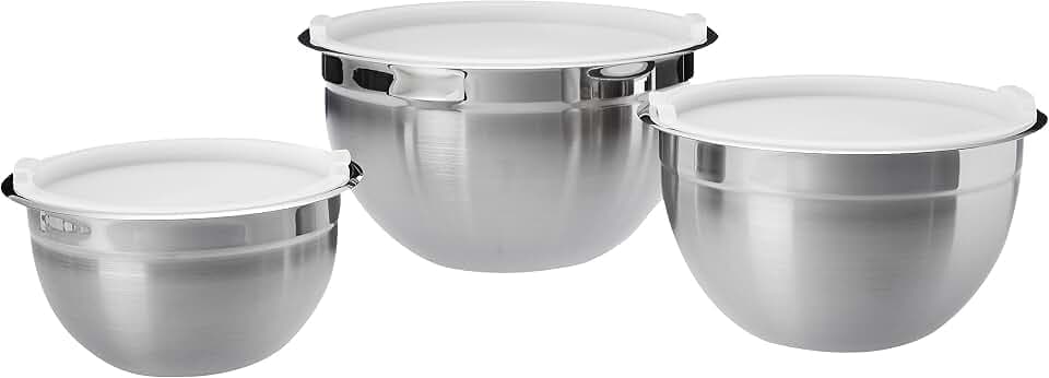 Amazon Basics Rührschüsseln, 1.5 quarts Edelstahl, 3teiliges Set, Silber, Weiß