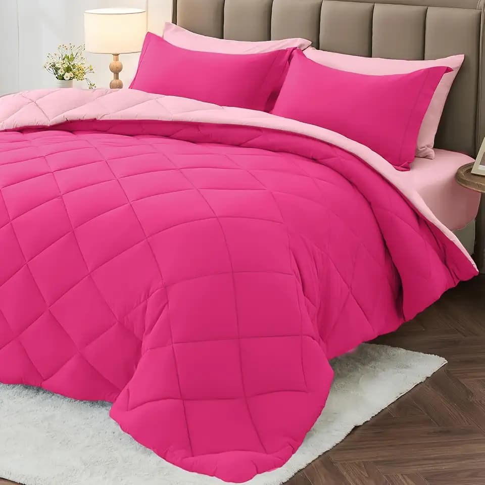 Twin Comforter Set 5 Pieces, Reversible Bed in a Bag, Hot Pink/Baby Pink