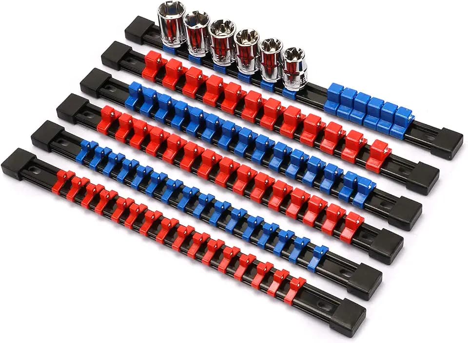 CASOMAN 6PC ABS Socket Organizer, 1/4-Inch, 3/8-Inch, 1/2-Inch, Premium Quality Socket Holders (6-Piece Set, Blue & Red)