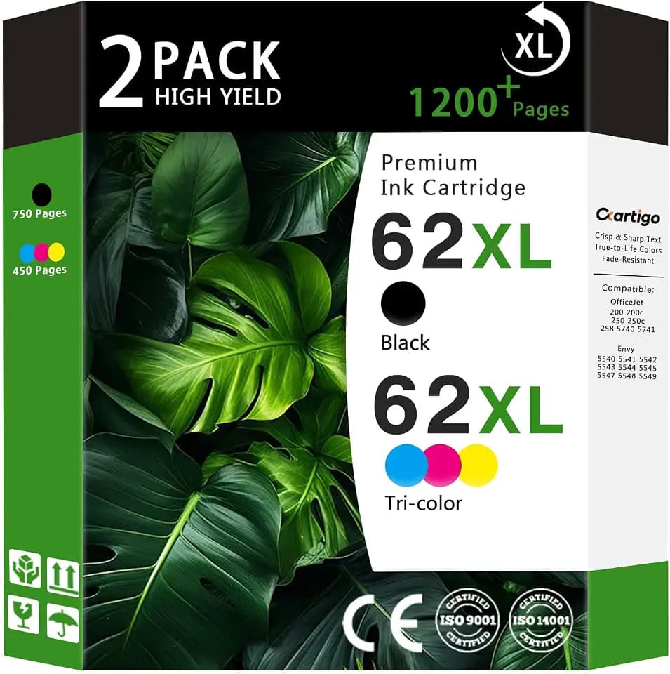 62XL High Yield Compatible Ink Cartridges Replacement for HP 62, Fit HP Envy 5540 5640 5660 7644 OfficeJet 5740 5741 8040 200 250 Series Printers, Combo 2-Pack (1 Black / 1 Tri-Color)