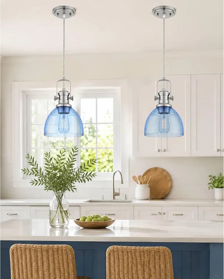 2-Pack 7.5" Brushed Nickel Pendant Lights, Blue Seeded Glass Shade